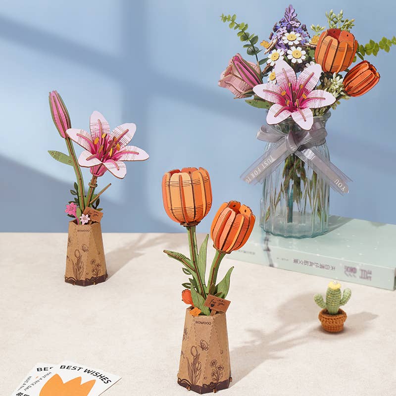 3D Wooden Flower Puzzle: Orange Tulip